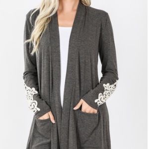 Zenana Lace Patch Slouchy pocket cardigan